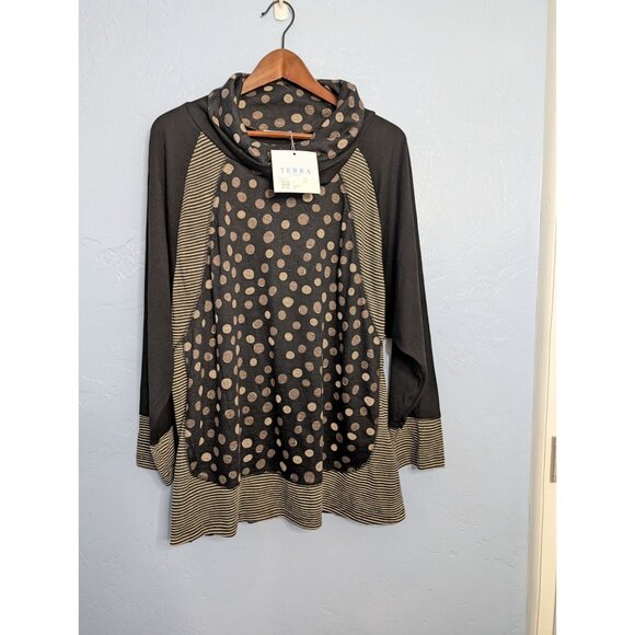 Terra SJ Apparel XL Long-Sleeve Cowl Neck Tunic Top Polka Dot Stripe Print Black - Picture 1 of 10